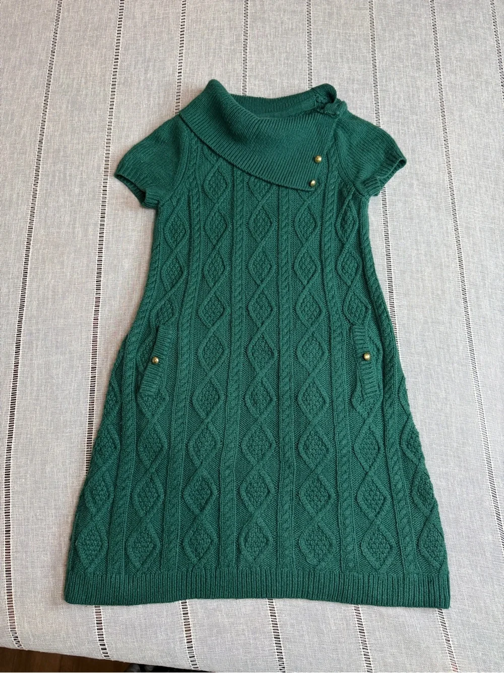 Janie and Jack Green Cable Knit Sweater Dress Cowl Neck Buttons Girls Size 6
